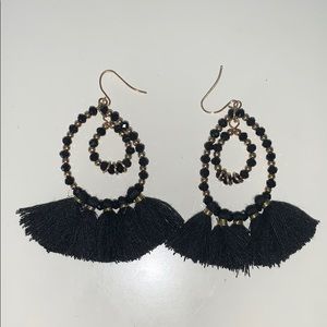Black and Gold Decorative Hoop Earrings w/tassel